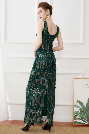 Verde Escura Franjas 1920s Vestido